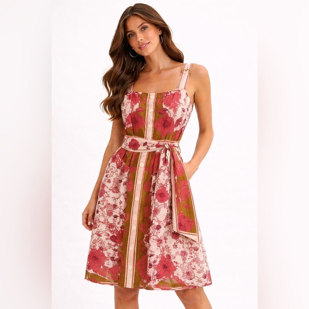 NWOT Greylin Floral Belted Cotton Sundress Button Front Adjustable Strap Dress M